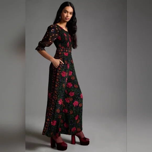 ☆SOLD☆ Farm Rio Anthropologie Smocked Jumpsuit In Black Motif Sz Extra Large - Picture 4 of 8